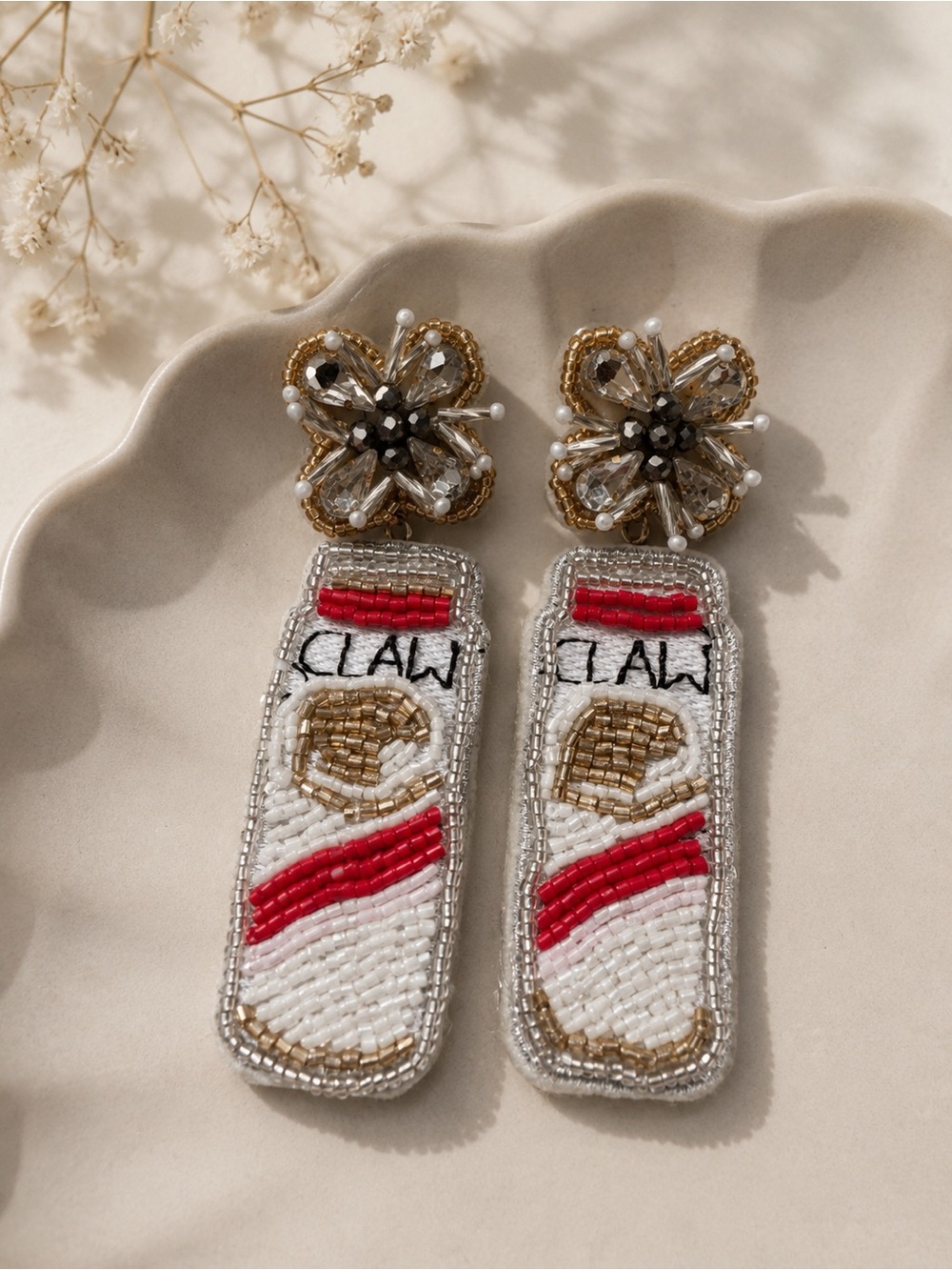 Boutique Beaded White Claw Can Statement Earrings | Handmade | Rhinestone Floral